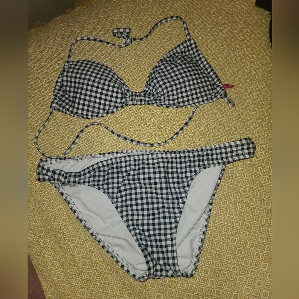 Bikini lab Black White Gingham Bikini Set Halter Top Low Rise Bottom Size L